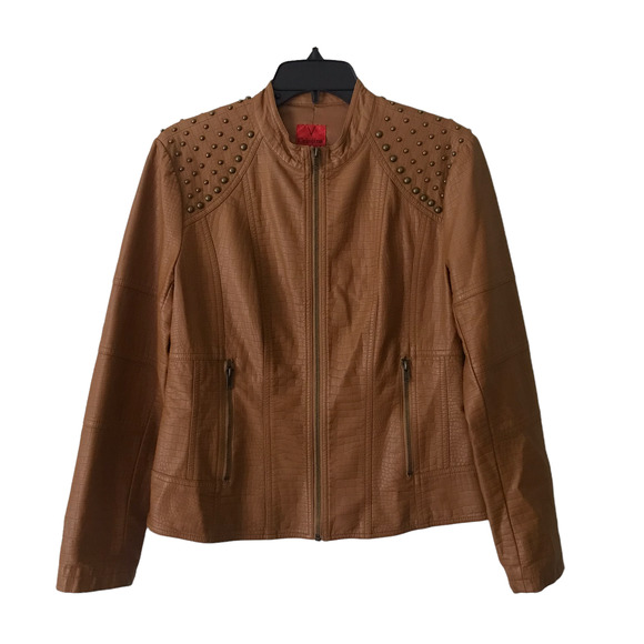 V Cristina Jacket Womens Medium Brown Camel Faux Leather Studded Textured - Picture 2 of 12